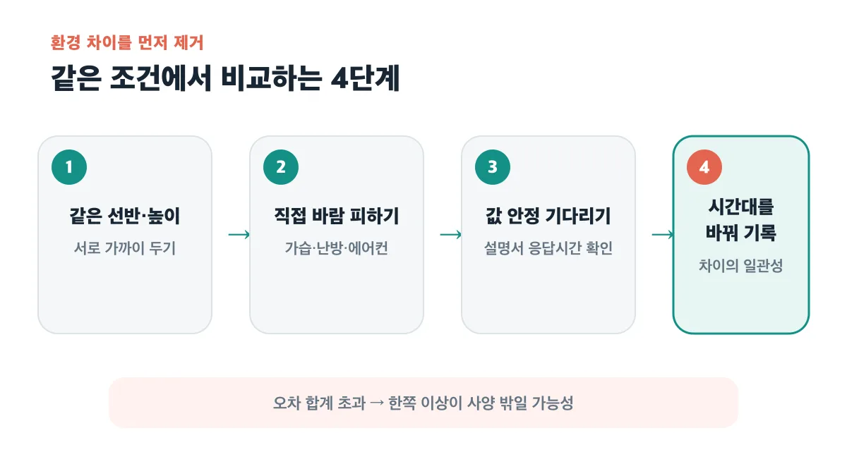 같은 선반과 높이에서 직접 바람을 피하고 값을 안정시킨 뒤 시간대를 바꿔 기록하는 4단계