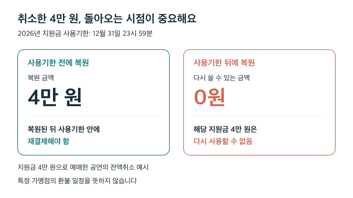 취소한 4만 원은 사용기한 전에 복원돼도 기한 안에 재결제해야 하며, 사용기한 뒤 복원되면 다시 쓸 수 있는 금액은 0원입니다