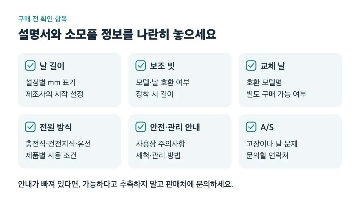 구매 전 날 길이·보조 빗·교체 날·전원 방식·안전과 관리·A/S를 확인하고 빠진 안내는 판매처에 문의하세요