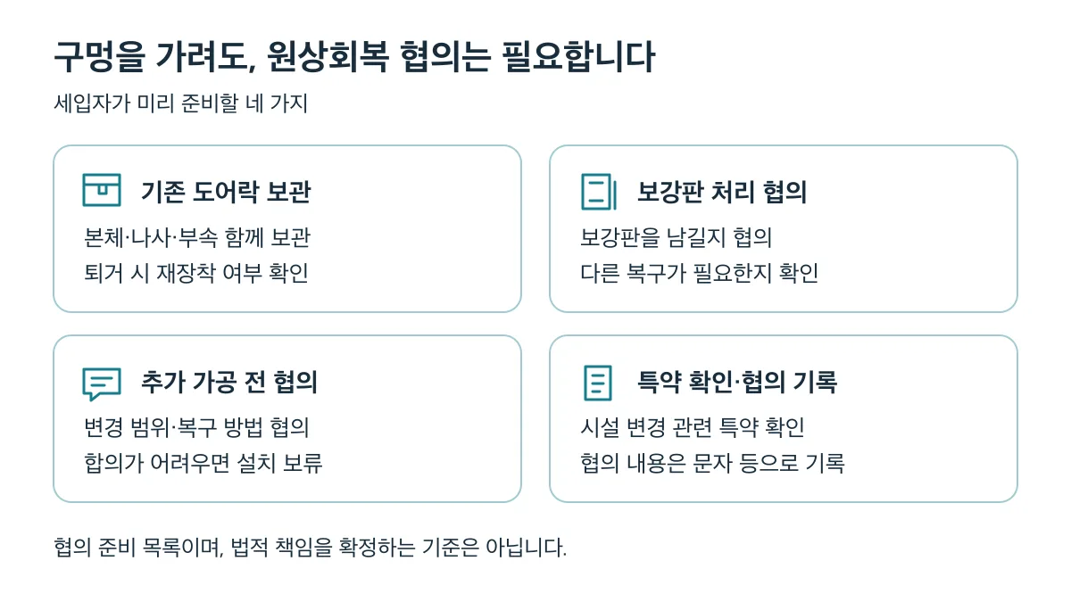 구멍을 가리는 것만으로 원상회복이 끝나지 않으므로 기존 부품 보관, 보강판 처리, 추가 가공 전 협의, 특약 확인과 기록을 준비합니다