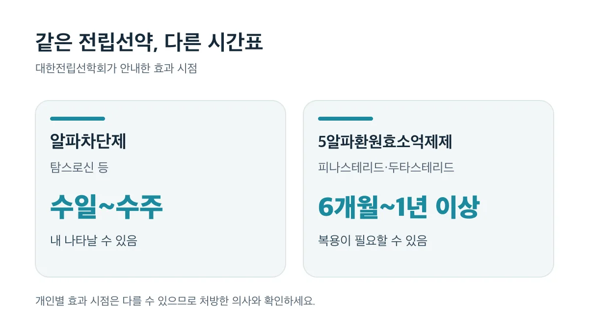 알파차단제는 수일수주 내 효과를 보일 수 있고 5알파환원효소억제제는 효과를 얻으려면 6개월1년 이상 복용이 필요할 수 있다는 비교