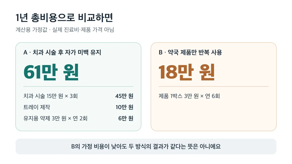 가정한 1년 총비용은 치과 시술과 자가 미백 유지가 61만 원, 약국 제품 반복 사용이 18만 원이며 결과가 같다는 뜻은 아님