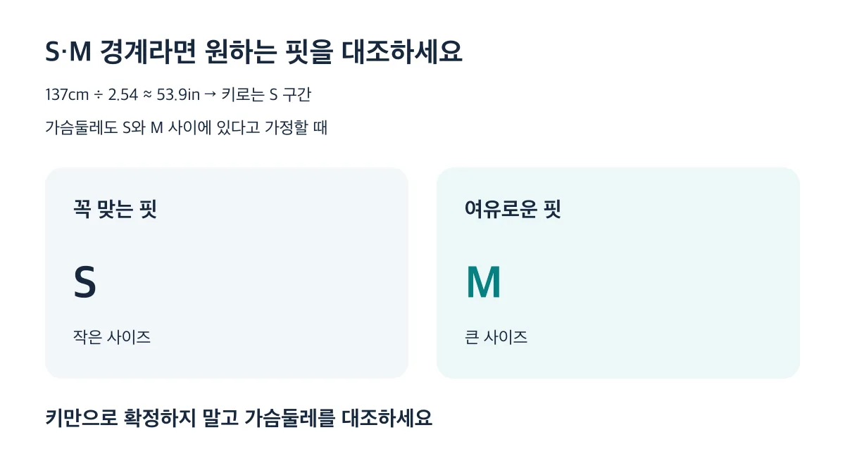 137cm이고 가슴둘레도 S와 M 사이일 때 꼭 맞는 핏은 S, 여유로운 핏은 M