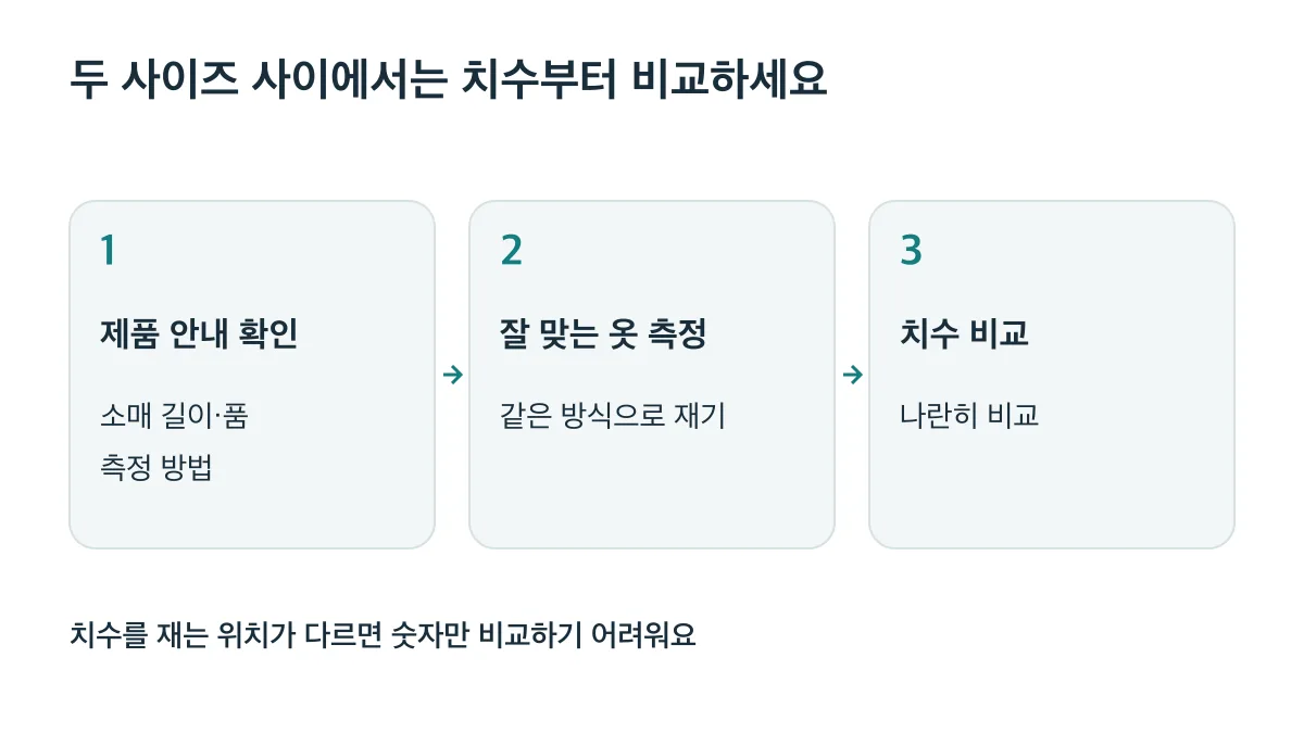 제품의 소매 길이·품과 측정 방법을 확인하고 잘 맞는 옷을 같은 방식으로 재서 치수를 비교한다