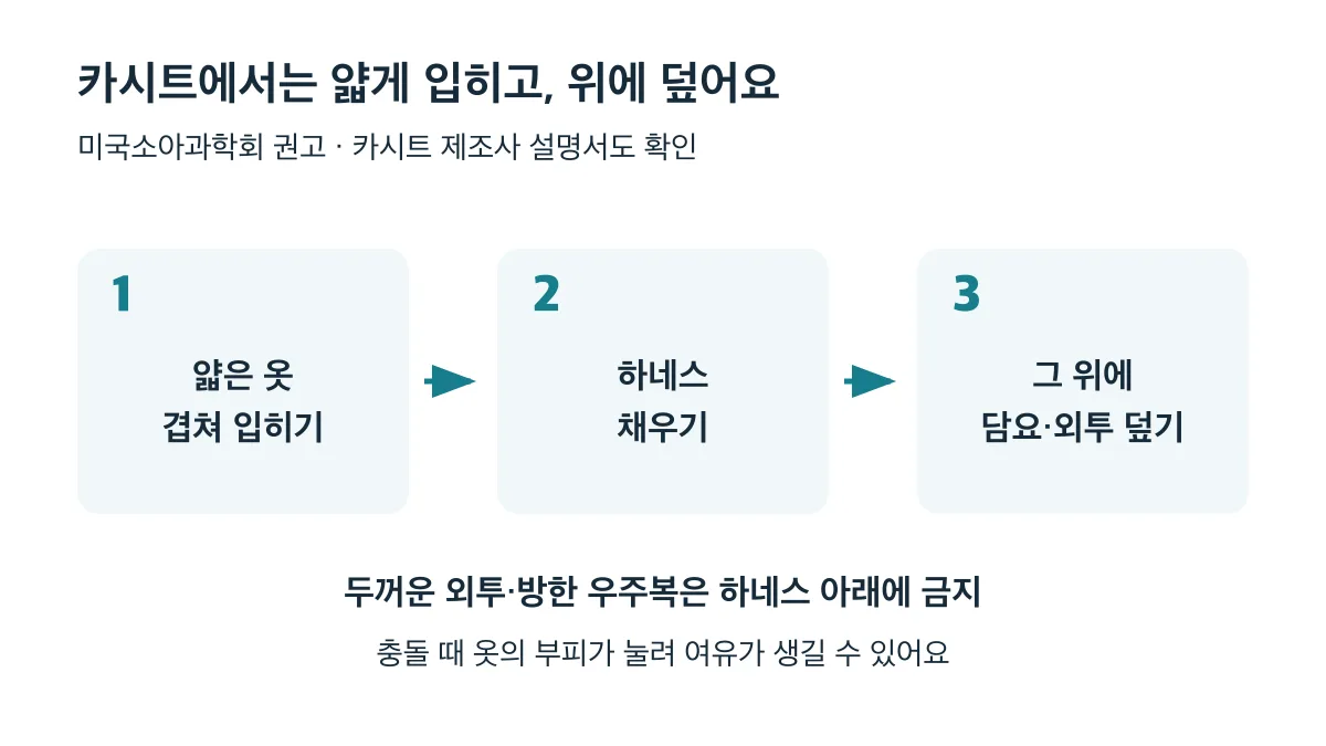 카시트에서는 얇은 옷을 겹쳐 입히고 하네스를 채운 뒤 그 위에 담요나 외투를 덮는 순서