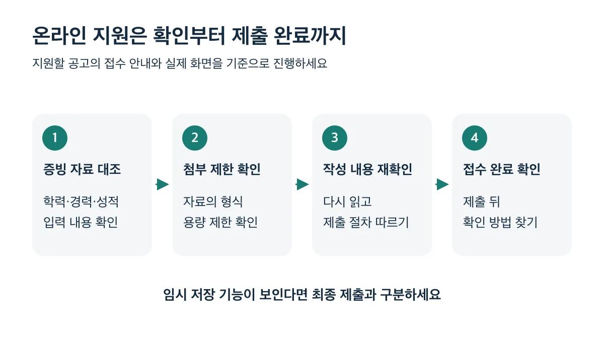 온라인 지원은 증빙 자료 대조, 첨부 제한 확인, 작성 내용 재확인, 접수 완료 확인 순서로 진행합니다