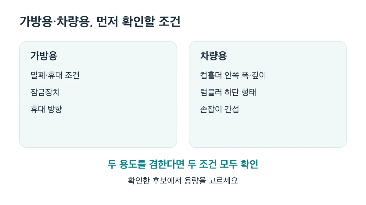 가방용은 밀폐·휴대 조건, 차량용은 컵홀더 치수와 하단 형태를 확인한 뒤 용량 선택