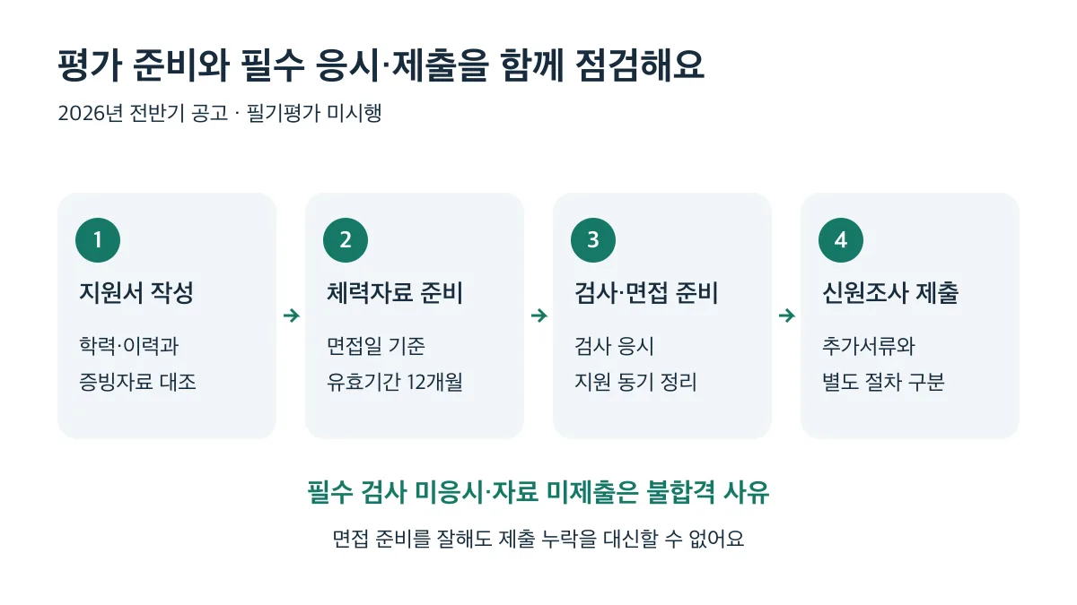 지원서 작성부터 체력자료, 검사·면접, 신원조사까지 준비하고 필수 미응시·미제출을 점검해야 합니다