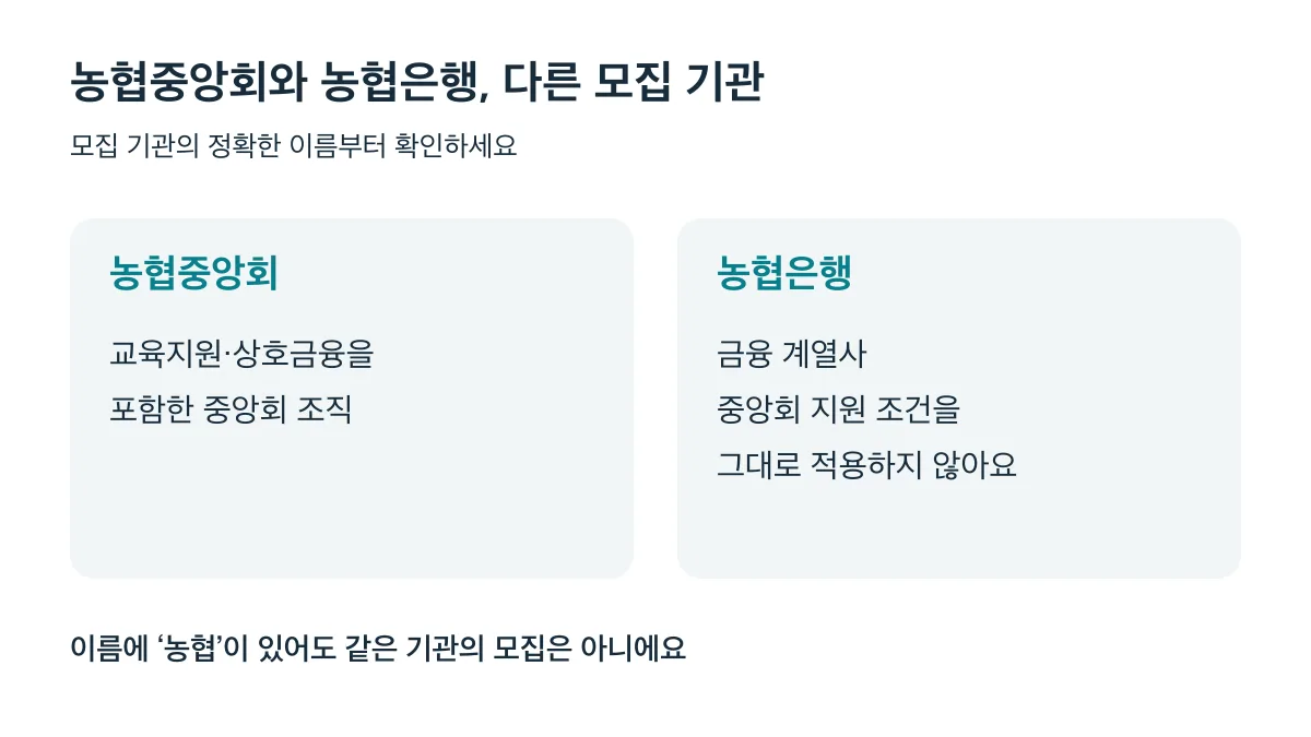농협중앙회는 교육지원·상호금융을 포함한 조직이고 농협은행은 금융 계열사로 지원 조건을 구분해야 한다