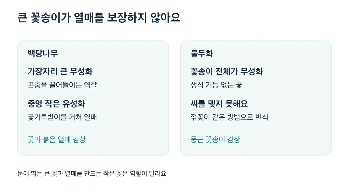 백당나무는 중앙 유성화가 열매를 맺고 불두화는 꽃 전체가 무성화라 씨를 맺지 못한다