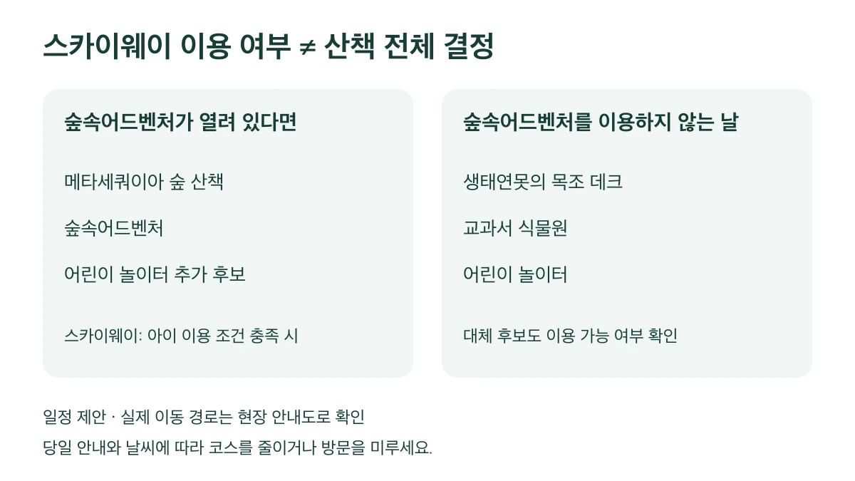 숲속어드벤처 이용 여부에 따라 산책 후보를 바꾸되 대체 시설의 이용 가능 여부도 확인한다