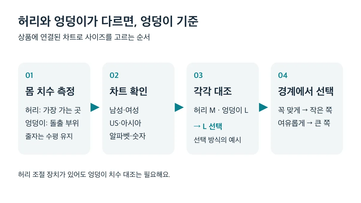 몸 치수를 재고 상품 차트에 대조하며, 허리 M·엉덩이 L이면 엉덩이 기준 L을 선택하는 4단계 절차