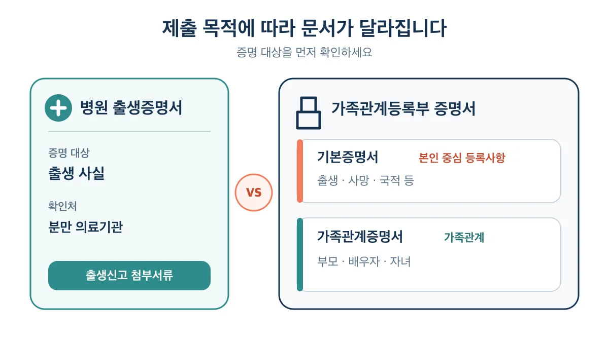 병원 출생증명서는 출생 사실을, 기본증명서는 본인 중심 등록사항을, 가족관계증명서는 가족관계를 증명하는 비교