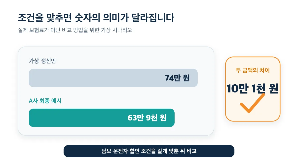 가상 갱신안 74만 원과 조건을 맞춘 A사 최종 예시 63만 9천 원의 차이 10만 1천 원