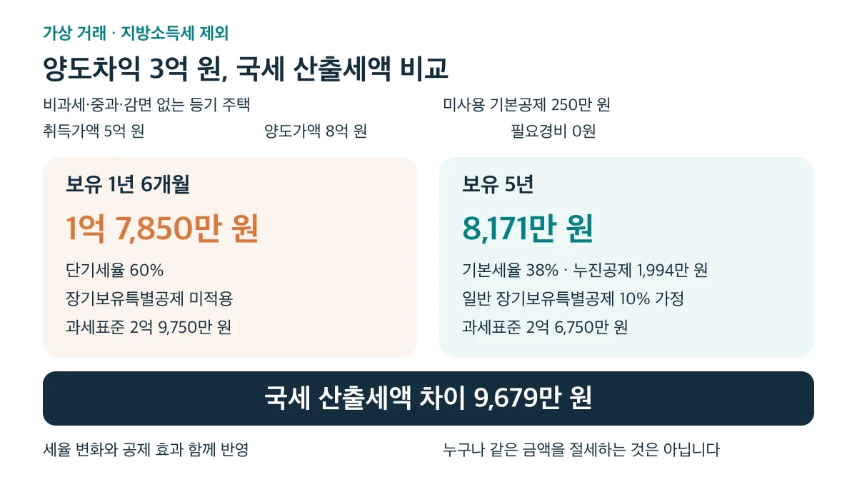 본문의 가상 조건에서 양도차익 3억 원인 주택의 국세는 보유 1년 6개월이면 1억 7,850만 원, 일반 장기보유특별공제 10%를 적용한 5년이면 8,171만 원으로 9,679만 원 차이가 난다. 지방소득세 제외