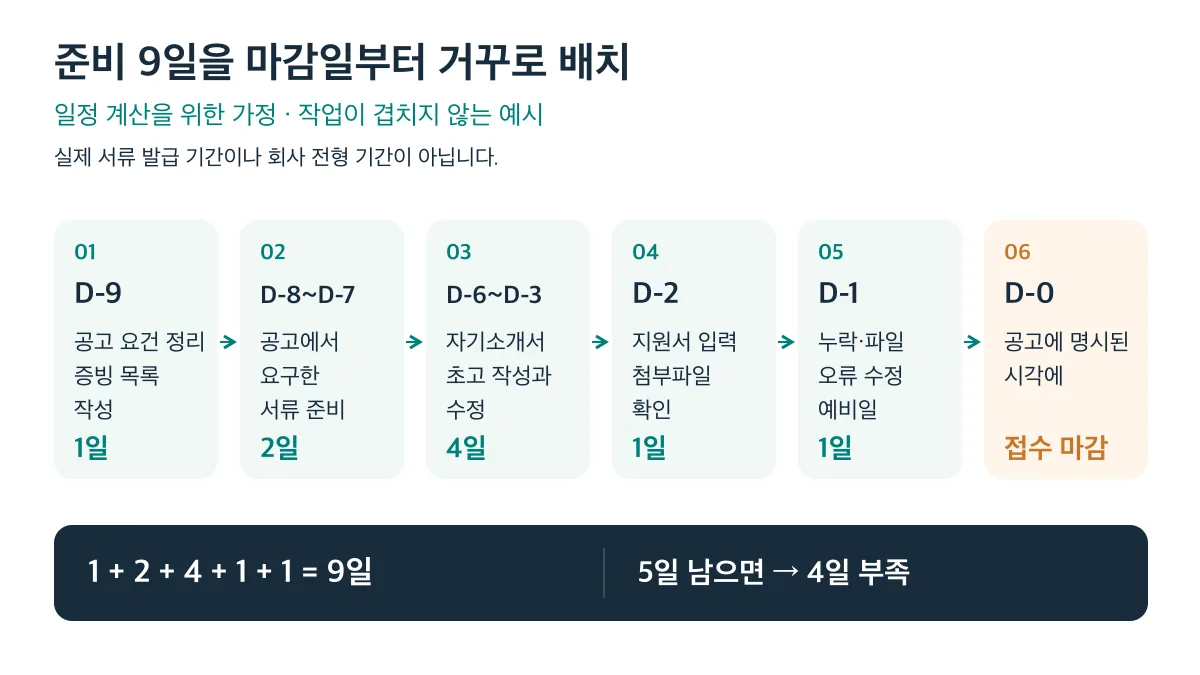 준비에 9일을 배정한 가정의 단계별 일정과 마감 5일 전에 시작하면 4일이 부족하다는 계산