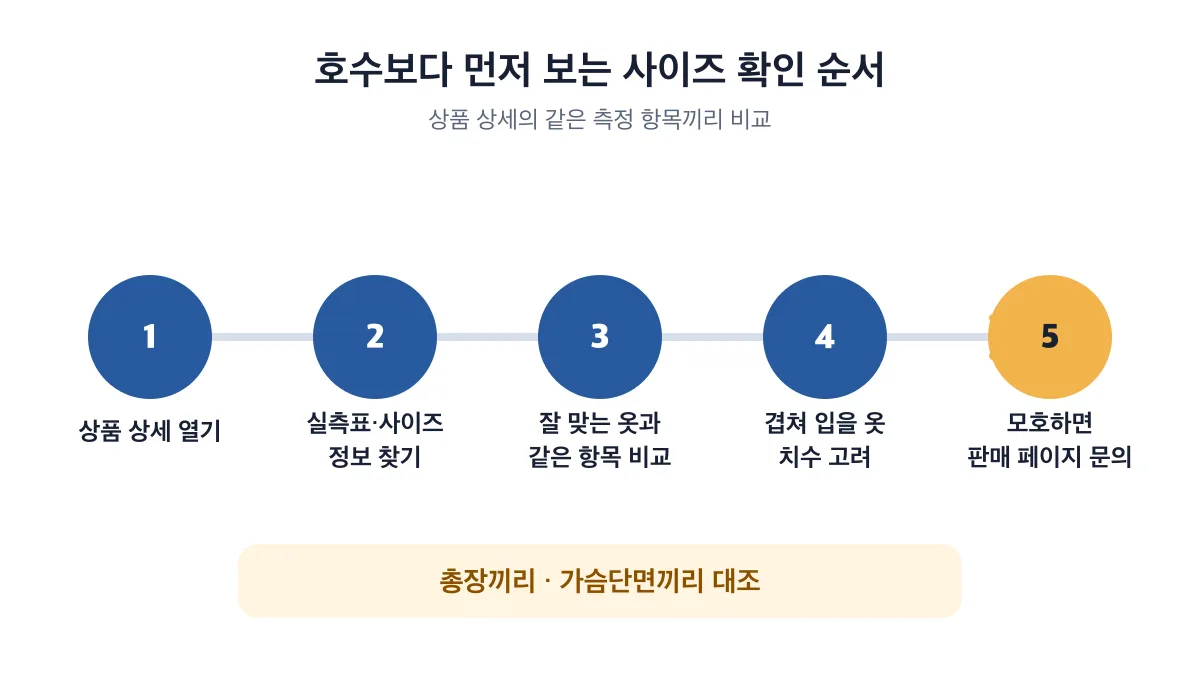 상품 상세의 같은 측정 항목을 비교하는 사이즈 확인 5단계