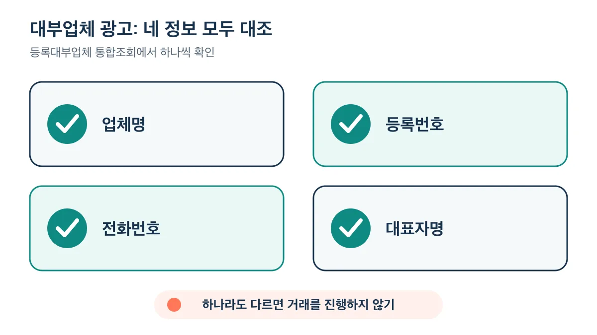 대부업체 광고의 업체명·등록번호·전화번호·대표자명 네 정보를 모두 대조해야 한다는 체크리스트