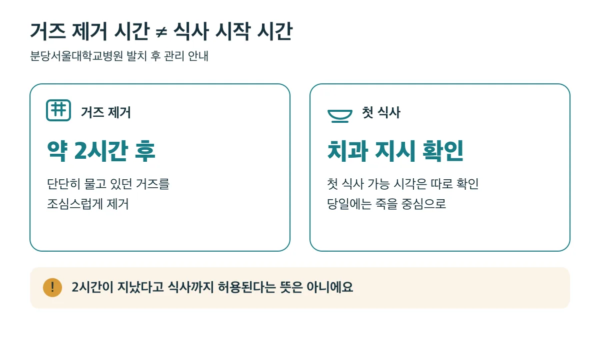 약 2시간은 거즈 제거 기준이며, 첫 식사 시작은 발치한 치과의 지시를 따라야 합니다