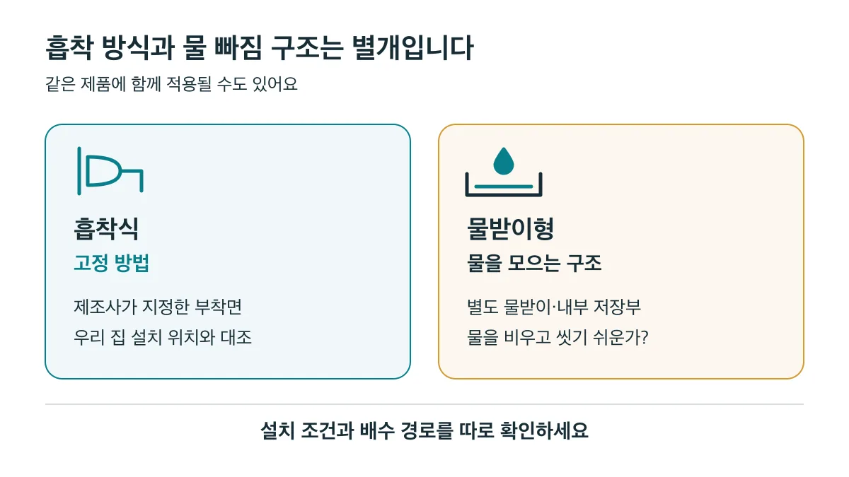 흡착식은 고정 방법이고 물받이형은 물을 모으는 구조이므로 설치 조건과 배수 경로를 따로 확인합니다