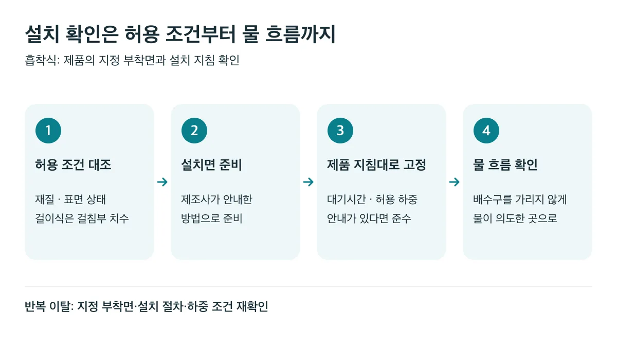 설치 조건 대조, 설치면 준비, 지침대로 고정, 배수 확인 순서로 설치합니다
