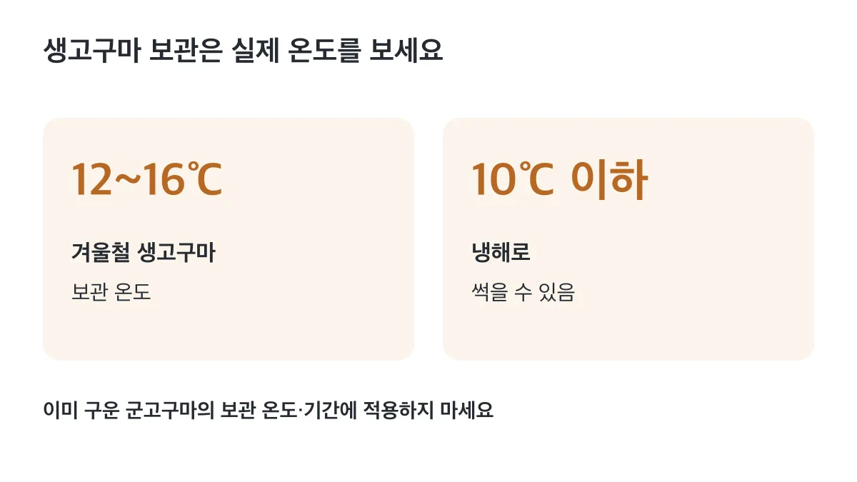 겨울철 생고구마는 12~16℃에 보관하며 10℃ 이하에서는 냉해로 썩을 수 있습니다