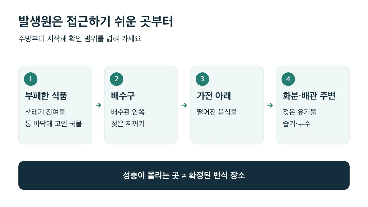 부패 식품과 쓰레기부터 배수구, 가전 아래, 화분·배관 주변 순으로 발생원을 점검합니다