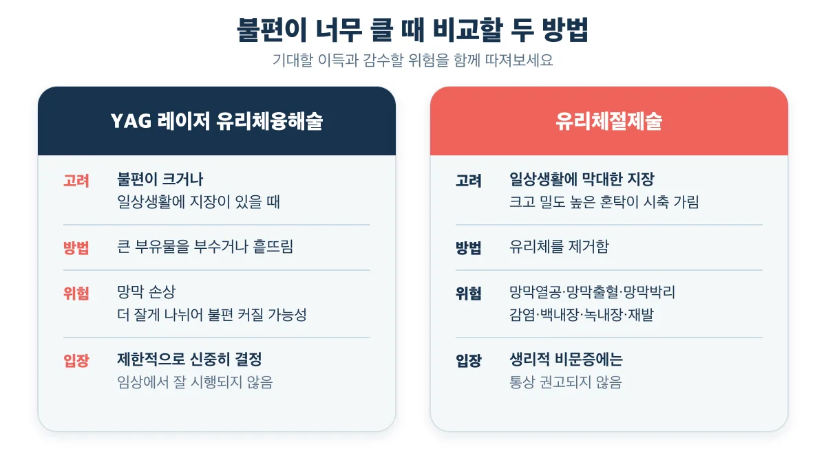 YAG 레이저 유리체융해술과 유리체절제술의 고려 상황·방법·위험 비교